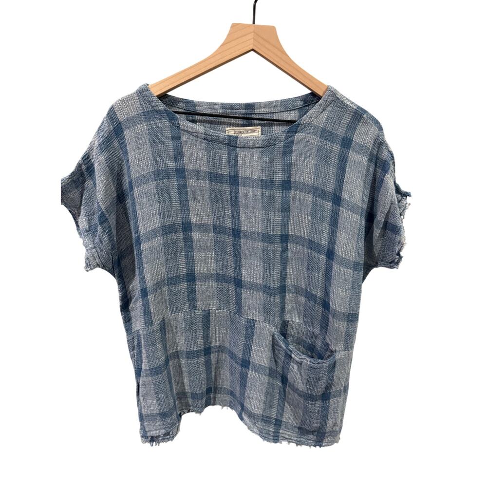 Current/Elliott Blue Windowpane Plaid Linen Blend Boxy Top Size 1 Medium